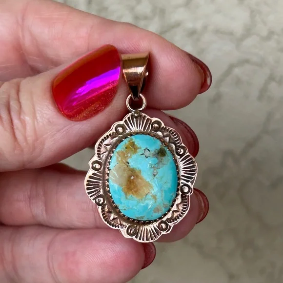 Southwestern #8 Turquoise and Copper Pendant 1.5” - Picture 2 of 8